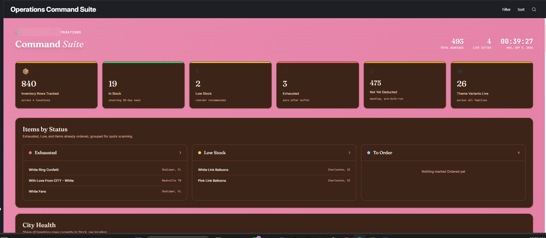 Operations Command Suite interface, inventory tracking dashboard