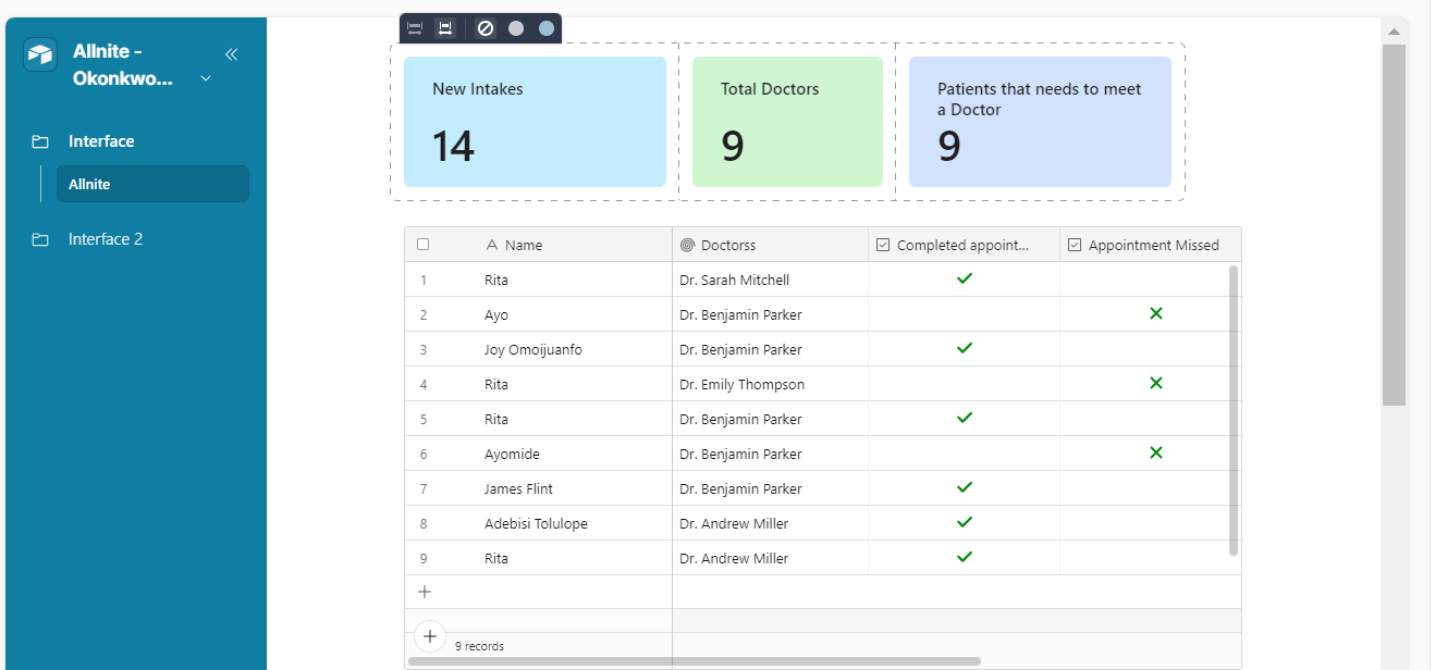Healthcare patient intake dashboard interface