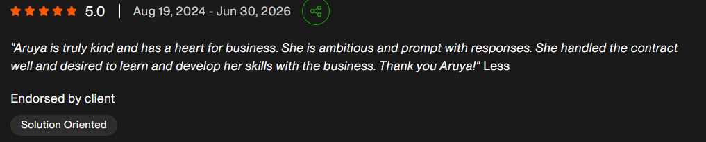 Upwork review, 5.0 stars, tagged Solution Oriented