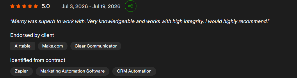 Upwork review, 5.0 stars, tagged Airtable, Make.com, Clear Communicator, Zapier