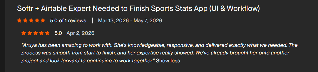 Upwork review: Softr and Airtable Expert, Sports Stats App, 5.0 stars