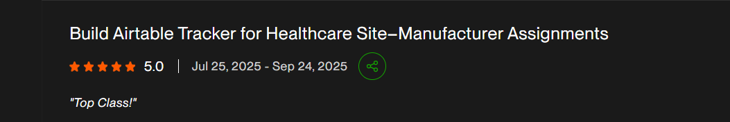 Upwork review: Healthcare Site to Manufacturer Assignments tracker, Top Class, 5.0 stars