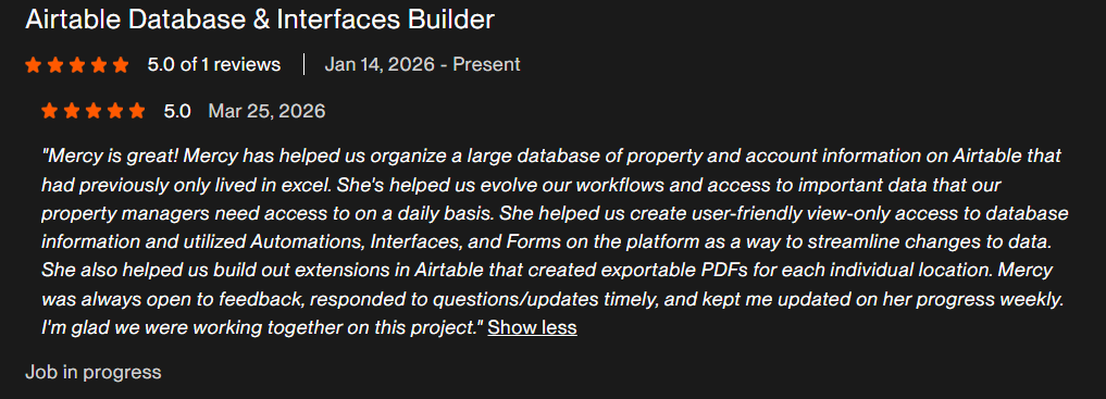 Upwork review: Airtable Database and Interfaces Builder, 5.0 stars