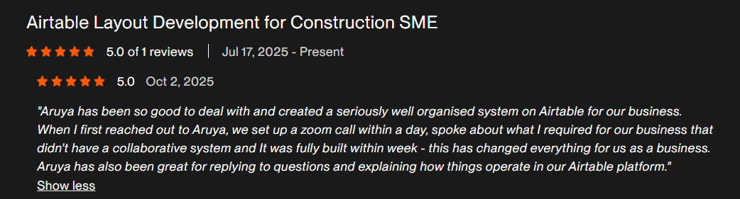 Upwork review: Airtable Layout Development for Construction SME, 5.0 stars
