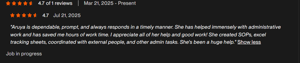 Upwork review, 4.7 stars, administrative and tracking work
